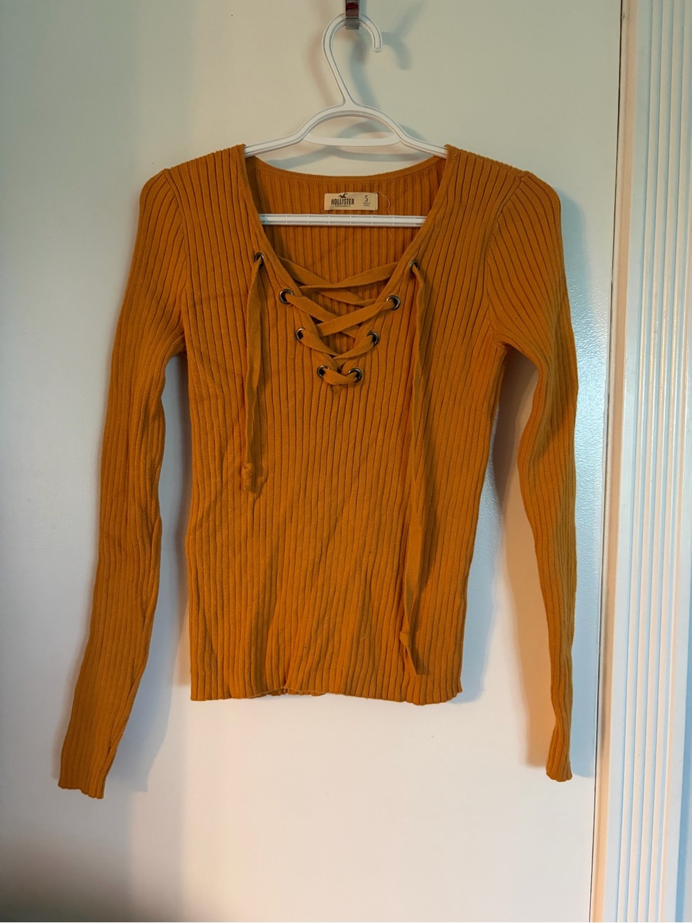 Hollister Mustard Ribbed Lace-Up Long Sleeve Top